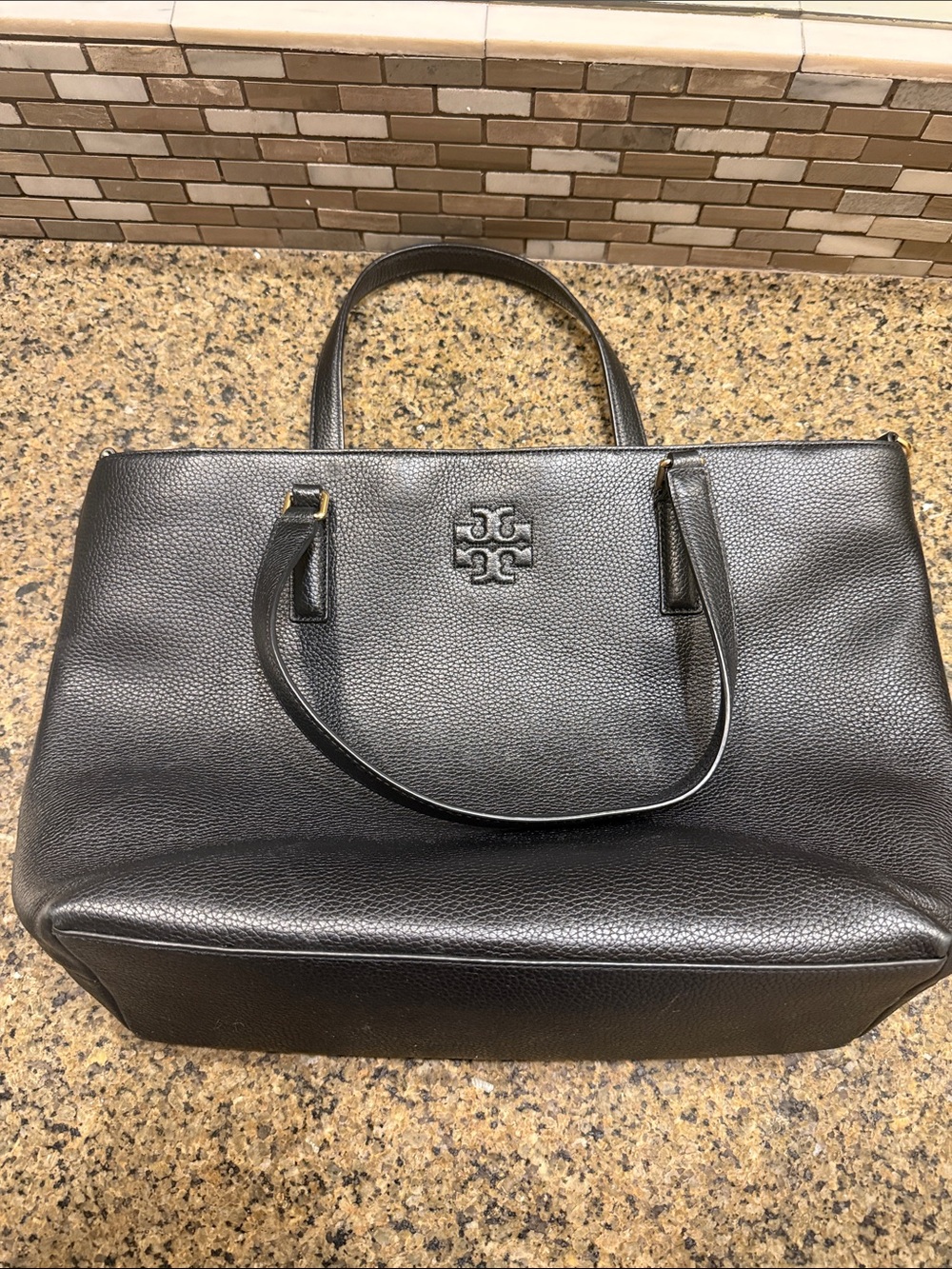 Tory Burch Black Pebbled Leather Tote with Logo